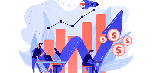 illustration of a business team achieving sales growth through social media marketing, with a revenue chart and flying rocket.