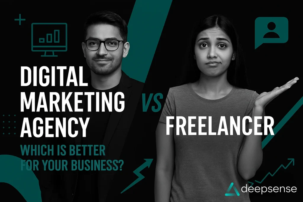 Freelancer vs Agency comparison showing a digital marketing agency professional and a freelancer, highlighting which option is better for business growth.
